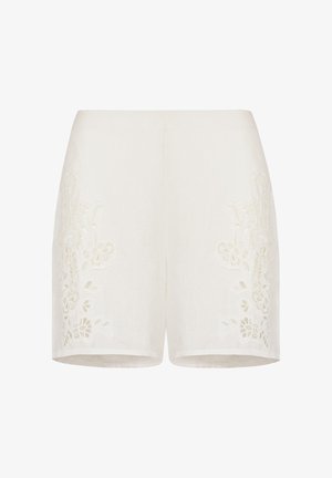 Hvide linned-shorts med blomsterbroderi detaljer på siderne, med en lige snit og en glat struktur. Ingen synlige hardware-accenter.