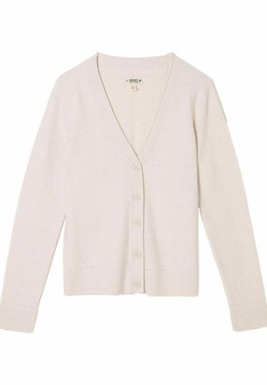 Helebeež tooniga beež pikkade varrukatega kampsun kardigan V-kaelusega, viie ees nupuga, soonikkoes mansettide ja alaosaga, silt nähtav krae sees.