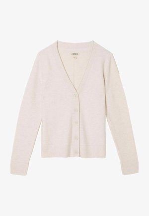 Cardigan lungo beige chiaro in maglia con maniche lunghe, scollo a V, cinque bottoni frontali, polsini e orlo a coste, etichetta visibile all'interno del colletto.