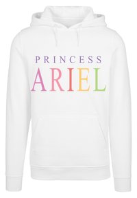 Hvit hettegenser med en frontlomme, med fet, flerfarget tekst som staver "PRINCESS ARIEL" i lilla, rosa, oransje og grønne nyanser.