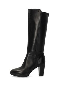 Black leather knee-high boots with a smooth finish, rectangular toe, and a chunky heel. Features stitching along the top edge and a side accent.