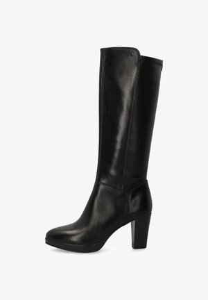 Black leather knee-high boots with a smooth finish, rectangular toe, and a chunky heel. Features stitching along the top edge and a side accent.