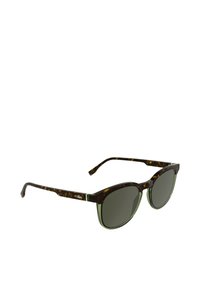 Occhiali da sole rotondi in tartaruga con lenti verdi sfumate, dotati di finitura lucida e un logo bianco discreto sulla stanghetta.