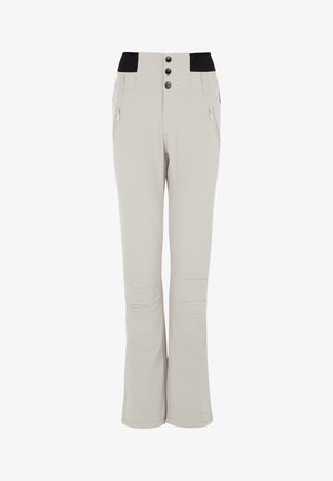 Pantalons extensibles gris clair avec une taille noire, trois boutons à l'avant et des poches zippées sur les côtés. Design évasé avec une texture lisse.