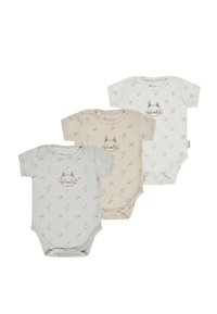 Three short-sleeve baby bodysuits in gray, beige, and white, each with small floral prints and a simple cat face on the chest.