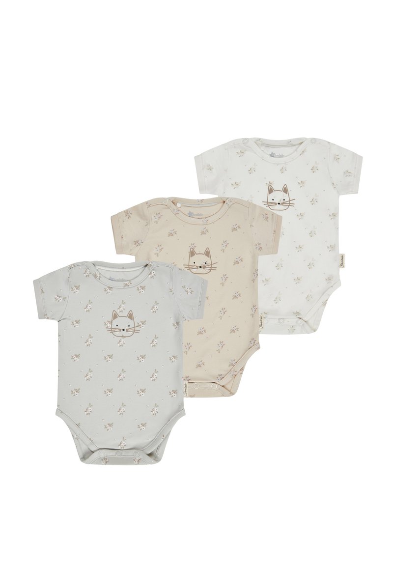 Three short-sleeve baby bodysuits in gray, beige, and white, each with small floral prints and a simple cat face on the chest.