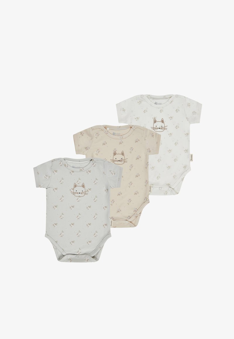 Three short-sleeve baby bodysuits in gray, beige, and white, each with small floral prints and a simple cat face on the chest.