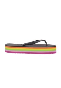 Chancla negra con una plantilla texturizada y una suela de múltiples colores en capas que presenta rayas de color rosa, verde, amarillo, naranja y negro.