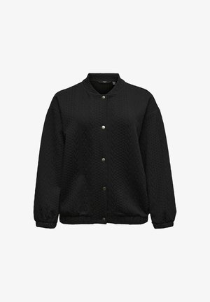 Schwarze gesteppte Bomberjacke mit rundem Halsausschnitt, Druckknopfverschluss und gerippten Bündchen mit strukturiertem Webmuster.