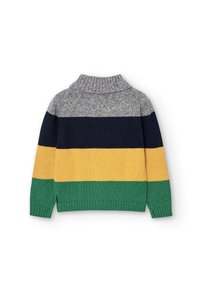 Gestrickter Pullover für Kinder mit grauen, navyblauen, gelben und grünen horizontalen Streifen und einem ribbed Rollkragen.