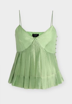 Top fără mâneci din satin verde deschis, cu bretele subțiri, tiv plisat, detalii cu nasturi pe lateral și guler în V pliat.
