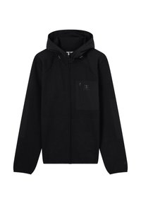Sudadera con cremallera negra, con capucha forrada, bolsillo frontal y puños acanalados. Presenta un logotipo en el pecho y acentos en los paneles laterales. Tela suave.
