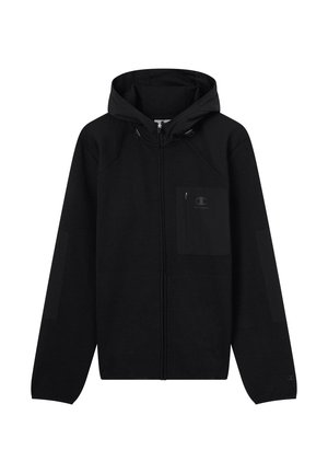 Zwarte zip-up hoodie met een gevoerde capuchon, voorzak en ribgebreide manchetten. Heeft een logo op de borst en accenten op de zijpanelen. Zacht materiaal.