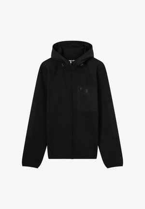 Sudadera con cremallera negra, con capucha forrada, bolsillo frontal y puños acanalados. Presenta un logotipo en el pecho y acentos en los paneles laterales. Tela suave.