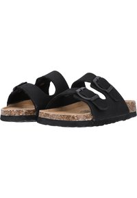 Sandales noires à glissière avec deux sangles à boucle ajustables, semelle en liège et semelles noires texturées, présentées sous un angle avant bas.