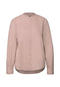 Světle růžová blůza s volánovým límcem, dlouhými rukávy se staženými manžetami a zapínáním na knoflíky vpředu. Hladký materiál a volný střih.