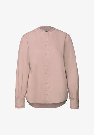 Blouse rose clair avec un col à volants, des manches longues à poignets froncés et un devant à boutons. Texture lisse et coupe décontractée.