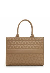 Sac en cuir tan avec un motif triangulaire matelassé, deux poignées arrondies et une forme rectangulaire élégante.