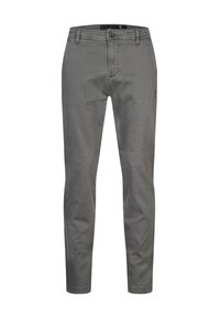 Sive uske hlače slim fit napravljene od mješavine pamuka. Imaju patentni zatvarač, petlje za remen i blagu rastegljivost za udobnost. Minimalistički dizajn bez vidljivih uzoraka.