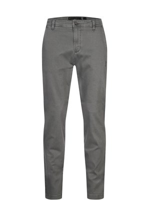 Szürke, slim fit szabású nadrág kevertszálas anyagból. Cipzáras záródással, övöltőkkel és enyhe rugalmassággal a kényelem érdekében. Minimalista dizájn, látható minták nélkül.