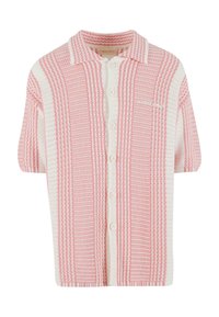 Kortermet strikket cardigan med rosa og hvite striper, med krage og knapplukking foran. Myk, strukturert stoff.