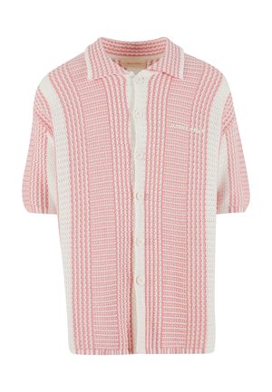Kortærmet strik cardigan med et pink og hvidt stribet mønster, der har en krave og knaplukning foran. Blødt, tekstureret stof.