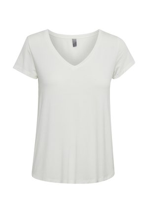 Balta īsroku T-krekls ar V veida izgriezumu, vaļīgu piegriezumu un gludu auduma tekstūru, attēlots uz vienkārša balta fona.