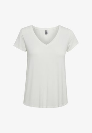 Balta īsroku T-krekls ar V veida izgriezumu, vaļīgu piegriezumu un gludu auduma tekstūru, attēlots uz vienkārša balta fona.