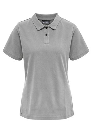 Graues Poloshirt aus glattem Stoff, mit Kragen, Dreiknopf-Leiste und kurzen Ärmeln. Das Design ist schlicht und klassisch.