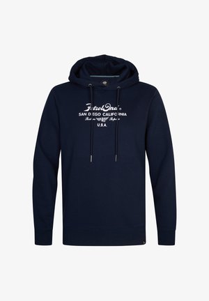 Marineblauwe capuchontrui gemaakt van een katoenmix, met witte bedrukt tekst en trekkoorden. Zachte textuur met geribbelde manchetten en zoom.