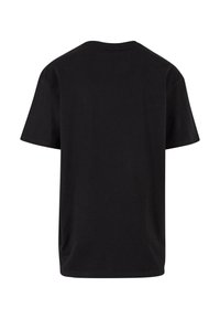 T-shirt negru din bumbac, cu mâneci scurte și decolteu rotund. Spatele este simplu, cu o croială standard și o textură moale.