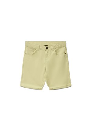 Shorts in denim beige chiaro con bottone frontale, zip, passanti per cintura e due tasche frontali.