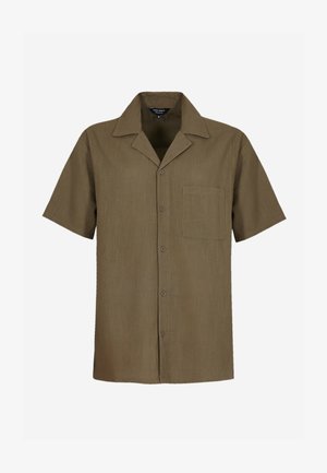 Kurzarmhemd in olivgrün, aus strukturierter Stoff gefertigt, mit knöpfbarem Vorderteil und einer Brusttasche auf der linken Seite.