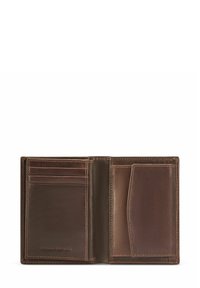 Brązowy skórzany portfel z wieloma przegródkami na karty i boczną kieszenią. Gładka tekstura i staranne przeszycia. Otwarty, aby pokazać wewnętrzne przegródki.