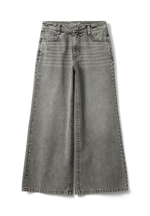 Grijze wijde denim jeans met voorzakken, riemlussen, knoopsluiting en kleine metalen studs langs de buitenste zijnaden.