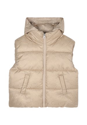 Gilet sans manches rembourré beige avec motif géométrique, fermeture éclair à l'avant, deux poches latérales et une capuche.