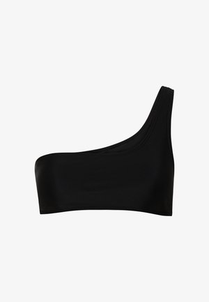 Black one-shoulder bikini top made from smooth, stretchy material. Features a clean design with a wide band and stitched edges.