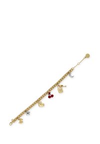 Bracciale a catena color oro con diverse charm: stella d'argento, ciliegie rosse, cuore d'oro, chiave e luna. Texture liscia con chiusura a gancio.