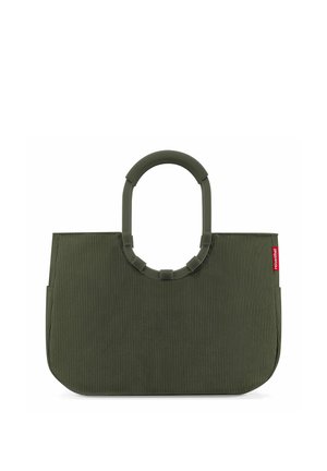 Olijfgroene ribfluwelen stoffen draagtas met afgeronde bovenhandvatten en een klein rood merkje aan de zijkant.