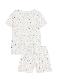 Set di pigiama leggero in cotone composto da una maglietta a maniche corte e pantaloni corti con un piccolo motivo floreale nei colori blu, rosa e verde su uno sfondo bianco.