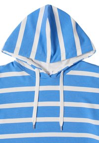 Sweat à capuche rayé bleu avec des rayures horizontales blanches, doté d'une capuche avec cordon de serrage et d'une texture de tissu douce. Les accents incluent des embouts argentés sur les cordons.