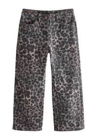 Bredde ben jeans i leopardprint i mørkegrå og brun, med knaplukning, fem lommer og slidstærk denim tekstur.