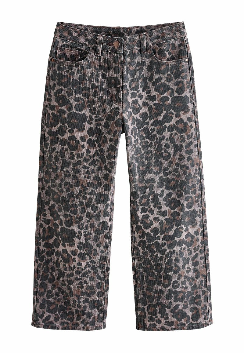 Bredde ben jeans i leopardprint i mørkegrå og brun, med knaplukning, fem lommer og slidstærk denim tekstur.
