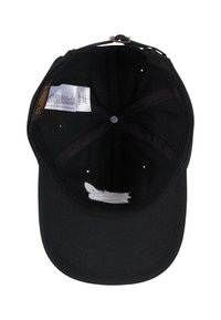 Black baseball cap with a curved brim, interior stitching, a white label, and a small white mark inside. Features ventilation holes.