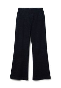 Hose mit weitem Bein aus dunklem Denim, mit Fronttaschen und einem schlichten Bund. Der Stoff hat eine subtile Textur und eine tiefblaue Farbe.