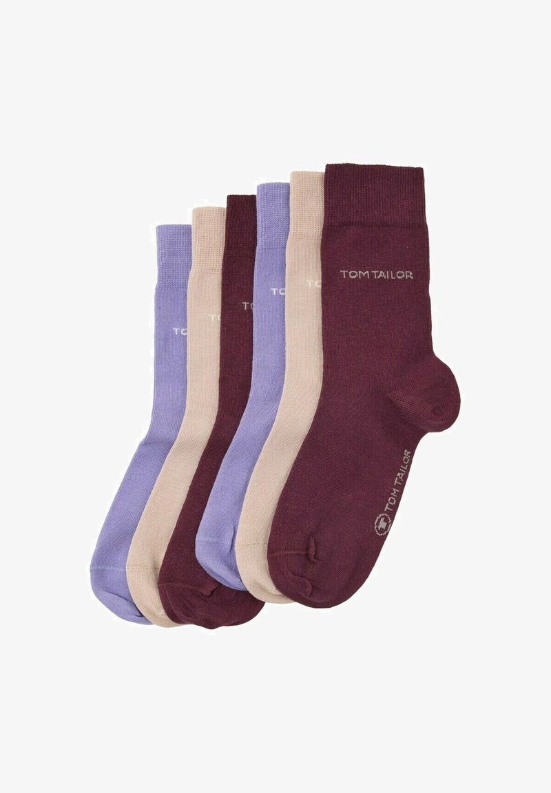 Set van vijf katoenen sokken in donker bordeaux, lichtpaars, beige en een lichtere tint paars, met een eenvoudige ontwerp en logo.