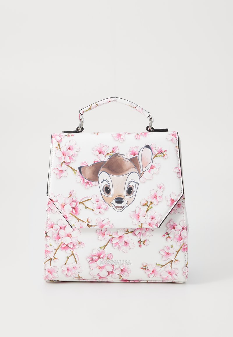 White backpack featuring a floral cherry blossom design, with a cartoon deer face on the front. Made of smooth synthetic material.
