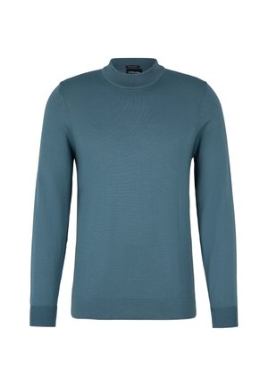 Hellblau gestrickter Pullover mit hohem Kragen, langen Ärmeln und gerippten Bündchen. Der Stoff wirkt weich und glatt, mit einem schlichten Design.