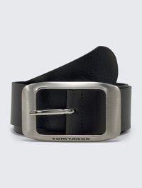 Black leather belt with a wide, smooth texture. Features a rectangular metallic buckle with a silver finish, embossed with "TOM TAILOR."