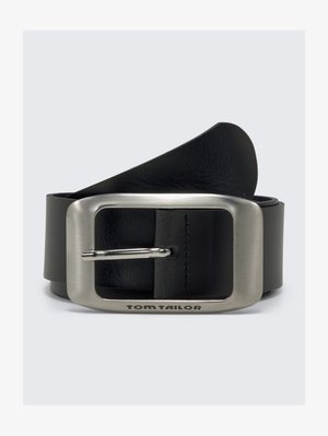 Black leather belt with a wide, smooth texture. Features a rectangular metallic buckle with a silver finish, embossed with "TOM TAILOR."